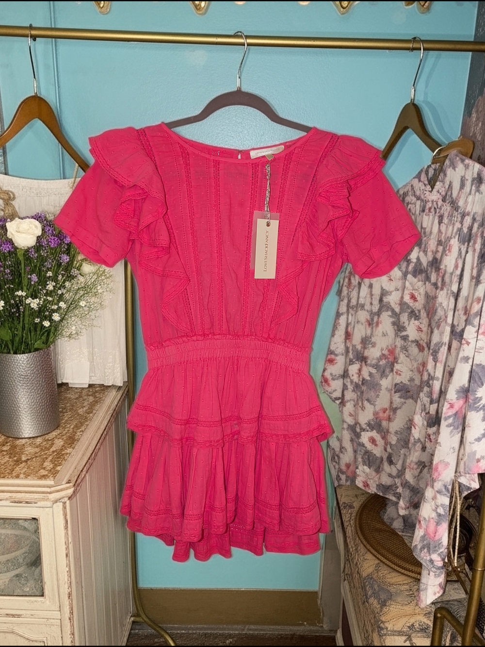 LoveShackFancy Natasha Ruffle-Tiered Mini Dress In Watermelon